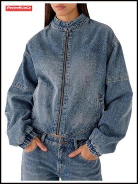 Oversized Denim Bomber Jacket Front Metal Zip Elasticated Hem Long Sleeve
